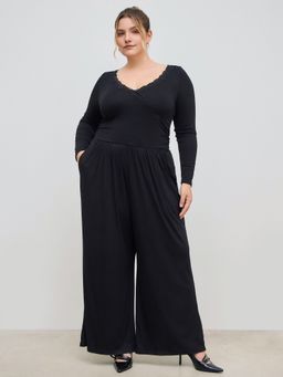 Cider - V-neck Solid Lace Trim Ruched Wide Leg Jumpsuit Curve & Plus