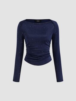 Cider - Boat Neck Solid Glitter Ruched Long Sleeve Crop Tee