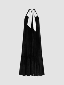 Cider - Velvet Halter Neckline Bowknot Maxi Dress