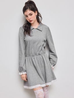 Cider - Terry Round Neckline Ruffle Broderie Anglaise Trim Mini Dress