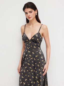 Cider - Velvet V-neck Floral Ruffle Midi Dress