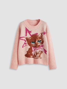 Cider - Knit Round Neckline Bowknot Cat Pattern Oversized Top