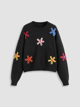 Cider - Knit Round Neckline Floral Oversized Sweater