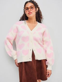 Cider - Knit V-neck Heart Print Cardigan Curve & Plus