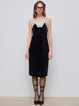 Cider - Velvet V-neck Solid Lace Trim Midi Dress