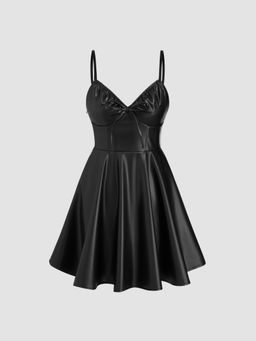 Cider - Faux Leather V-neck Solid Knotted Mini Dress