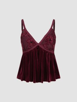 Cider - Velvet V-neck Floral Lace Trim Ruffle Cami Top