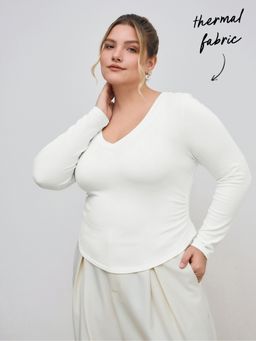 Cider - Thermal Cotton-blend V-neck Solid Ruched Long Sleeve Tee Curve & Plus