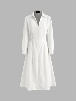 Cider - Linen-blend V-neck Button Shirred Long Sleeve Midi Dress