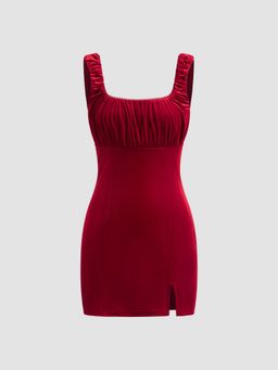 Cider - Velvet Square Neck Solid Ruched Mini Dress