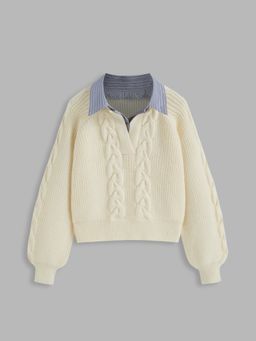 Cider - Cable Knit Collar Two Tone Long Sleeve Top