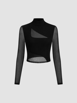 Cider - High Neck Patched Long Sleeve Crop Top