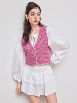 Cider - Tweed V-neck Cropped Blazer Vest With Contrasting Binding