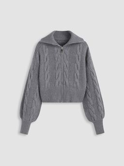 Cider - Cable Knit Collar Solid Zipper Long Sleeve Crop Top