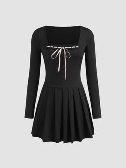 Cider - Square Neck Knotted Pleated Mini Dress