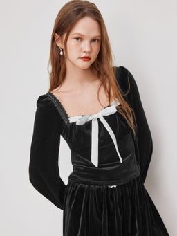 Cider - Velvet Square Neck Solid Lace Bowknot Long Sleeve Top