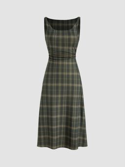 Cider - Scoop Neckline Tartan Ruched Midi Dress