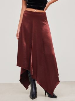 Cider - Satin Mid Rise Solid Asymmetrical Hem Maxi Skirt