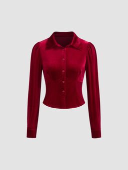 Cider - Velvet Collar Solid Button Long Sleeve Blouse