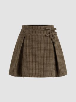 Cider - Jacquard Mid Rise Gingham Bowknot Pleated Mini Skirt