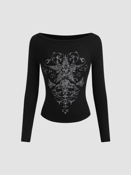 Cider - Boat Neck Star Graphic Long Sleeve Tee