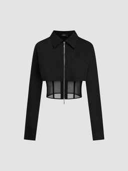 Cider - Collar Solid Corset Patched Long Sleeve Crop Blouse