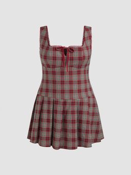 Cider - Square Neck Plaid Bowknot Pleated Mini Dress Curve & Plus