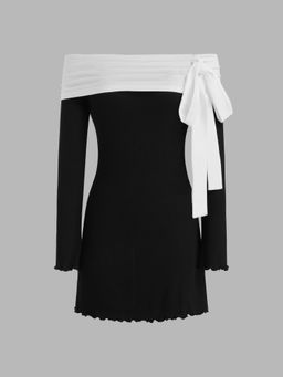 Cider - Off-shoulder Two Tone Knotted Mini Dress