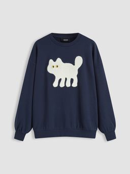 Cider - Cotton-blend Cat Graphic Oversized Long Sleeve Top