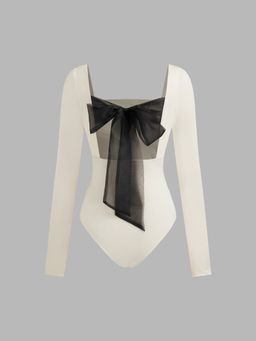 Cider - Square Neck Ruched Bowknot Bodysuit