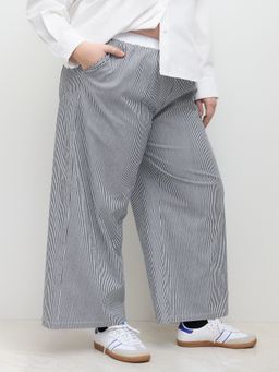 Cider - Cotton-blend Mid Rise Striped Elastic Waist Wide Leg Trousers Curve & Plus