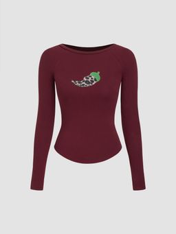 Cider - Cotton-blend Round Neckline Chili Applique Curved Hem Tee