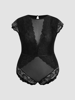 Cider - Lace Round Neckline Cut Out See-through Bodysuit Curve & Plus