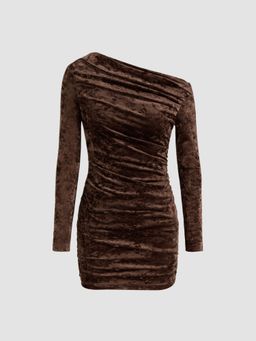 Cider - Velvet Asymmetrical Neck Ruched Mini Dress
