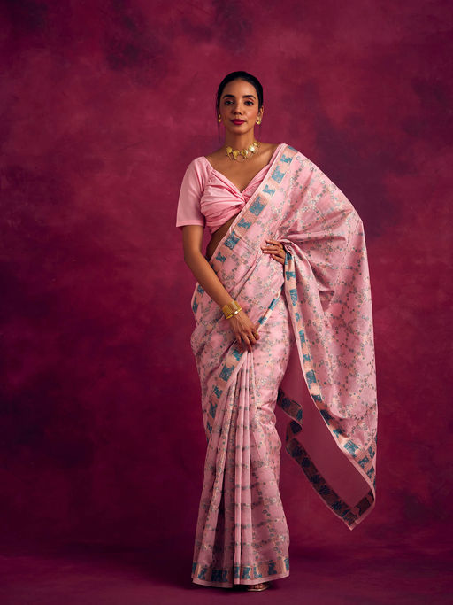 Abhishti Banarasi Sakura Checks Woven Zari Saree without Blouse-Sakura Pink