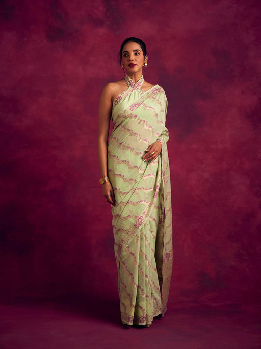 Abhishti Banarasi Kamikaze Woven Zari Saree without Blouse-Pistachio Green