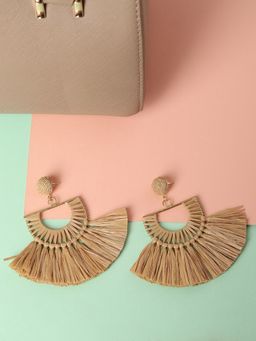 Blueberry - Beige Raffia Tassel Detailing Drop Earrings
