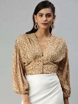 SHOWOFF - Women Plunging Neck Floral Beige Crop Top