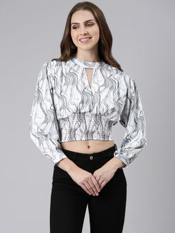SHOWOFF - Womens High Neck Cuffed Sleeves Abstract Cinched Waist Grey Crop Top