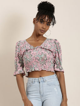 SHOWOFFFF - Womens V-Neck Half Sleeves Ethnic Motifs Cinched Waist Pink Crop Top