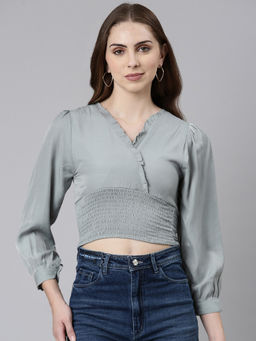 SHOWOFFFF - Womens Solid V-Neck Grey Cinched Waist Crop Top