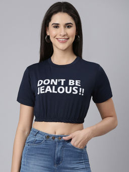 SHOWOFFFF - Womens Round Neck Typography Cinched Waist Navy Blue Crop Top