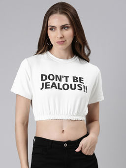 SHOWOFFFF - Womens Round Neck Typography Cinched Waist White Crop Top