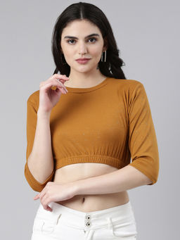 SHOWOFFFF - Womens Round Neck Regular Sleeves Embellished Cinched Waist Mustard Crop Top