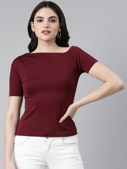 SHOWOFF - Womens Boat Neck Solid Burgundy Regular Top