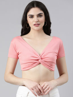SHOWOFF - Womens V-Neck Regular Sleeves Solid Blouson Coral Crop Top