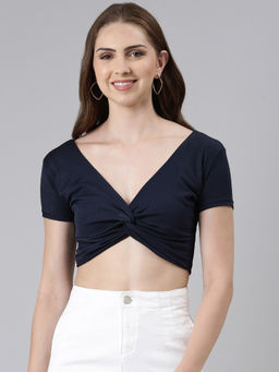 SHOWOFFFF - Womens V-Neck Regular Sleeves Solid Blouson Navy Blue Crop Top