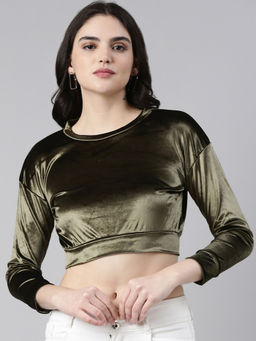 SHOWOFF - Womens Round Neck Regular Sleeves Solid Blouson Olive Crop Top