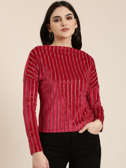 SHOWOFF - Womens Boat Neck Stripe Magenta Regular Top