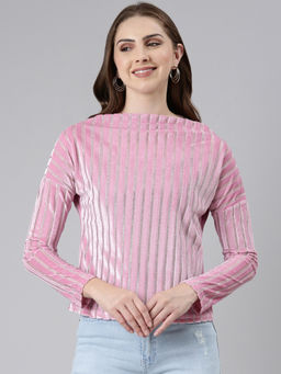 SHOWOFF - Womens Boat Neck Stripe Pink Regular Top